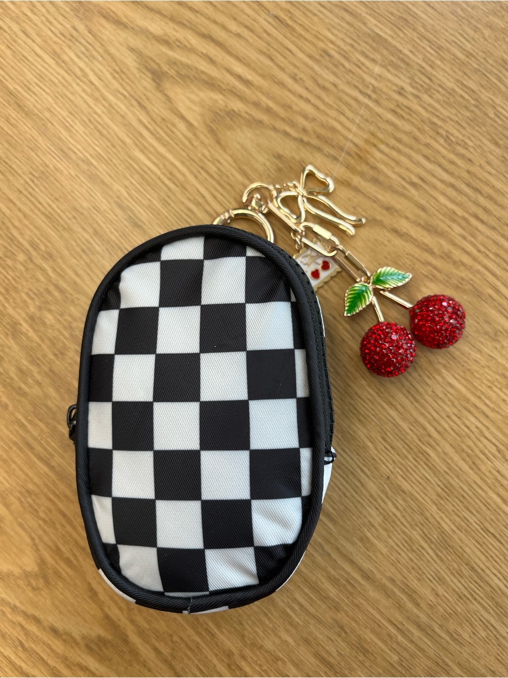 Checkerboard Black & White Coin Pouch with Cherry Charm